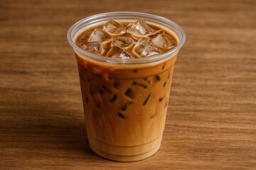 Cold brew served in a disposable cup on a rustic wooden surface