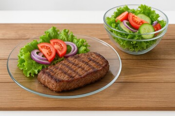 Juicy beef served on a clear plate alongside a fresh salad bowl