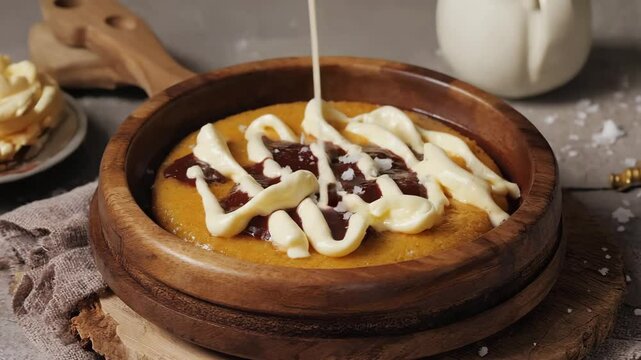 Finnish Easter dessert, M&auml;mmi with sugar and cream,  rustic presentation, soft light highlighting the smooth texture
