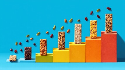 Nutrition Selfcare  System style. Colorful cereal bars arranged in a growth chart against a blue background.