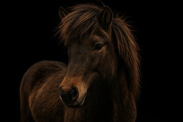 Detailed portrait of an Icelandic horse against a dark backdrop