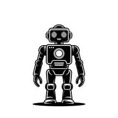 Retro style robot with glowing blue accents and radiating lines behind its head