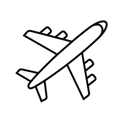 Simple black line art icon of a modern passenger jet airplane in flight against 