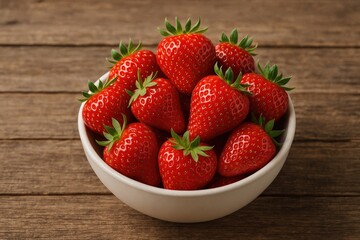 Rustic wooden surface featuring a bowl of fresh organic strawberries