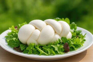 Mozzarella cheese braid alongside fresh salad in the front