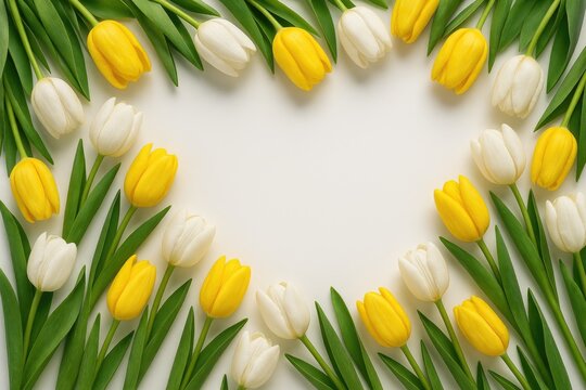 White and yellow tulip border on a plain background with space for text