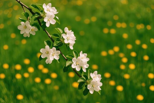 Blossoming apple branch set against a lush green field dotted with yellow dandelions, enhanced by vintage film bokeh effect