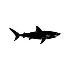 A powerful black silhouette of a great white shark with its mouth open showing sharp teeth