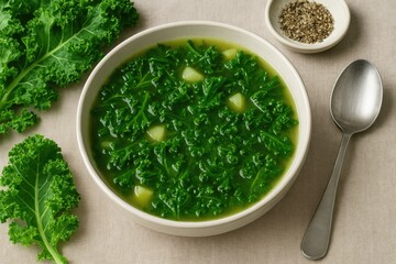 Fresh kale soup served in a bowl on a table