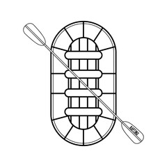 Top view outline illustration of an inflatable raft with a paddle labeled rafting