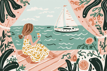 A woman reclines on a deck, enjoying the warm sunshine as a sailboat moves gracefully across the calm, turquoise water, framed by vibrant flowers and foliage