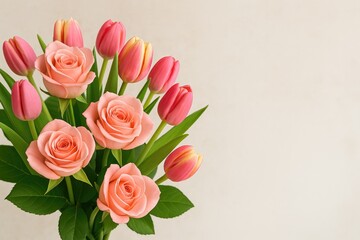 Arrangement of Roses and Tulips for Spring Celebrations. Floral Love. Celebrating Motherâ€šÃ„Ã´s Day. Blank Area for Message. Focused Composition.