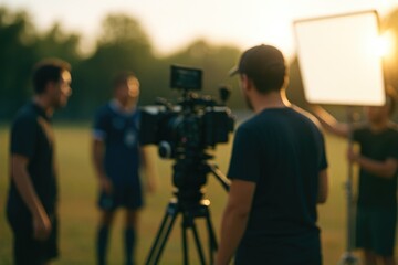 Outdoors film crew capturing scenes with camera gear and lighting effects in a blurry shot
