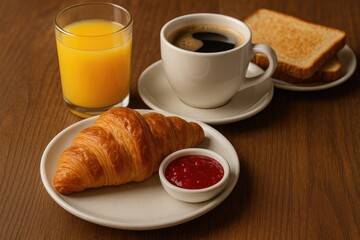 Morning meal featuring coffee, fresh orange juice, and a croissant with jam