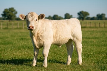 Young White Shorthorn calf grazing in rural landscape