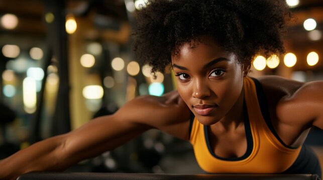 Woman with curves holding plank position confidently, gym mirrors and lights in background - Powered by Adobe