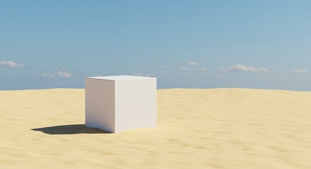 Minimalist White Cube on Beach at Sunset – Serene Abstract Concept