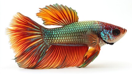 Fototapeta premium Betta fish in vibrant red and metallic green colors, isolated in a clean white environment with subtle shadows