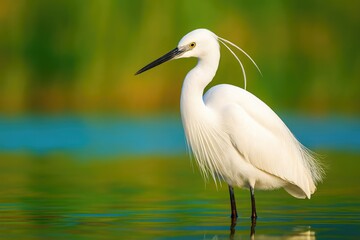 Obraz premium Vivid Water Scene Featuring a White Heron and Little Egret