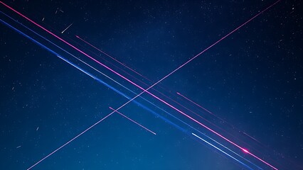 Double-exposure night sky with intersecting vibrant meteor trails, representing celestial events.