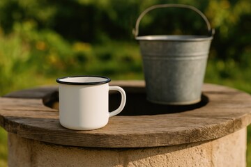 Close-up of a white metal water mug resting on a well's edge with a blurred bucket in the background