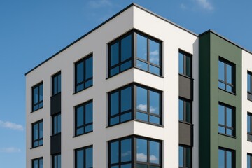 Multistory residential building with reflective windows showcasing the blue sky, featuring detailed architectural elements at the corner.