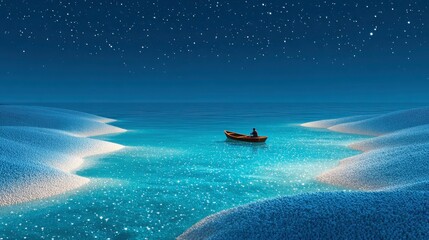 Serene night scene with a boat on shimmering water.