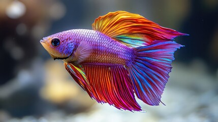 Obraz premium Siamese fighting fish with rainbow-colored fins dancing in clear water, captured mid-motion with dramatic lighting