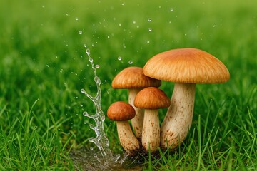 Mushrooms emerging amidst lush green grass