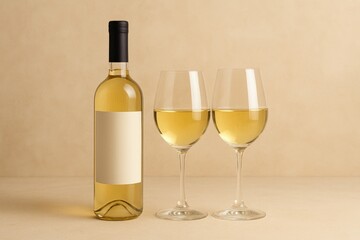 A bottle of white wine accompanied by two glasses on a neutral beige surface with ample space for text