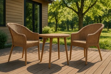 Outdoor seating with woven chairs and table