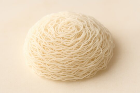 Asian cuisine featuring round white dried rice noodle strands on a neutral background