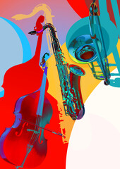 Design composition of musical instruments, vibrant colors, jazz digital art. Saxophone, double bass, trombone dynamic layout. Music industry, album cover, concert, festival poster, artistic branding
