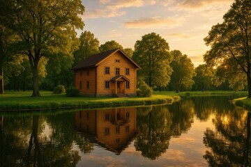 Obraz premium Lakeside wooden cabin during sunset in a lush park