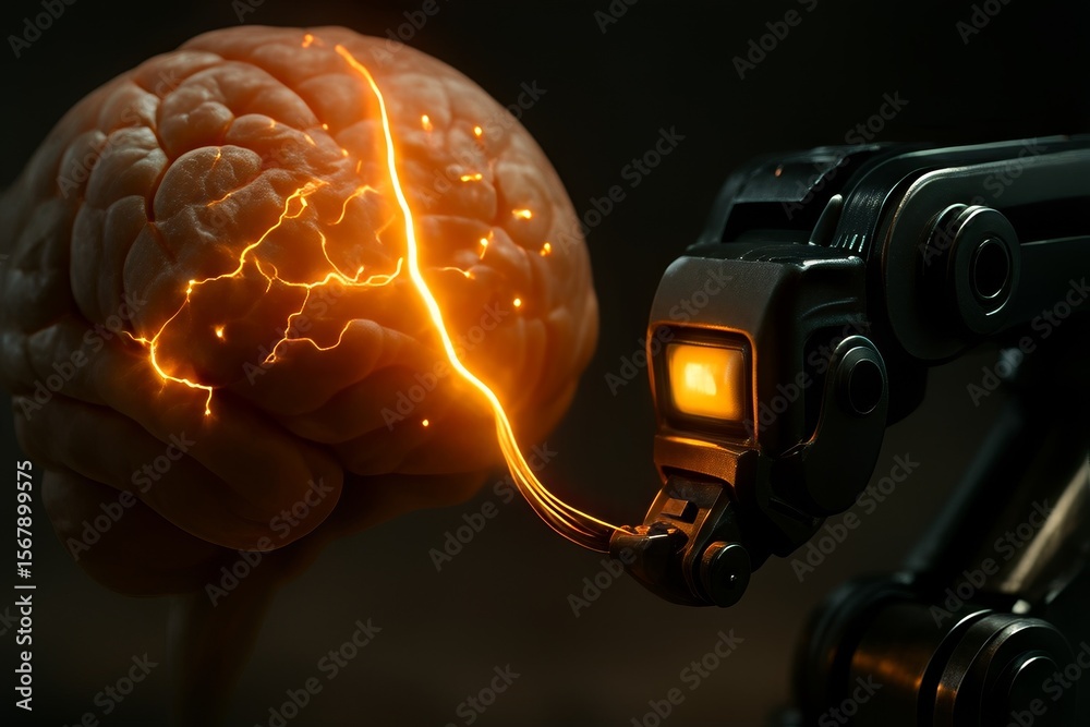 Poster AI-Powered Robot Automation Concepts. A robot arm interacts with a brain, symbolizing technology and intelligence.