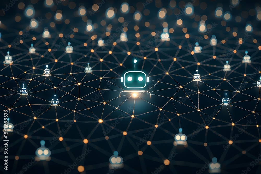 Poster AI-Powered Robot Automation Concepts. Digital network with interconnected robotic icons on a dark background.