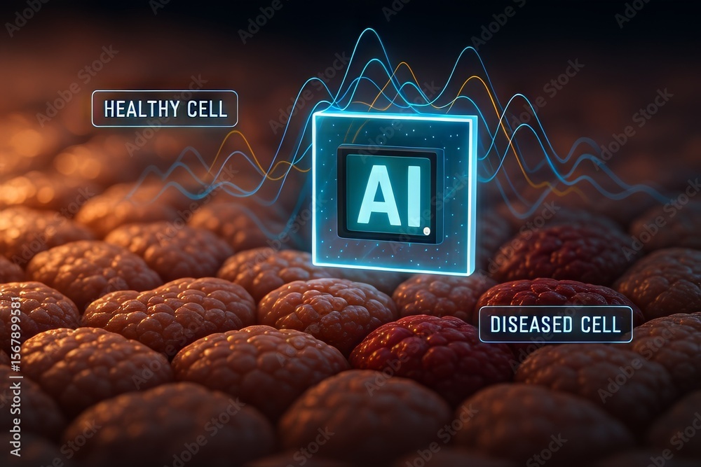 Poster AI-Powered Robot Automation Concepts. Visual representation of healthy and diseased cells using AI technology.
