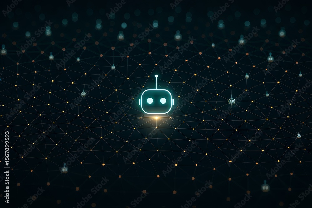 Poster AI-Powered Robot Automation Concepts. Abstract digital design featuring a robotic face among a network of nodes.
