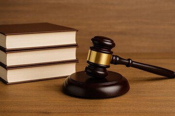 Wooden judge's hammer resting beside books on a wooden surface