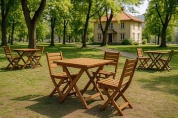 Obraz premium Benches and tables crafted from wood in an outdoor park setting