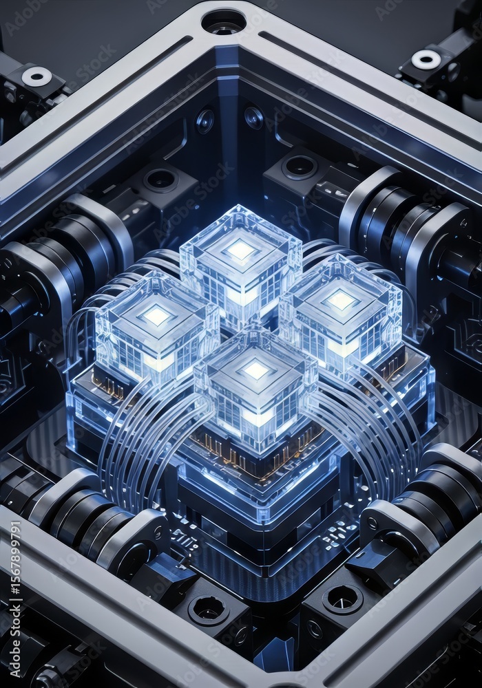Poster AI-Powered Robot Automation Concepts. Futuristic design featuring interconnected geometric shapes.