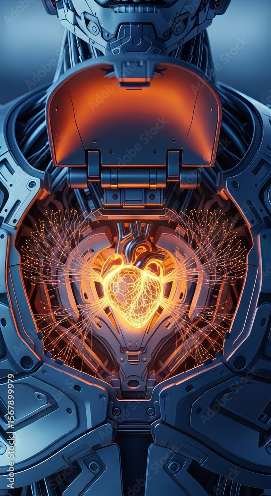Poster AI-Powered Robot Automation Concepts. Robotic chest revealing glowing circuitry and energy bursts.