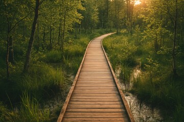 Obraz premium Rustic wooden walkway through lush swamp during sunset with vibrant summer greenery, captured in a vintage film style