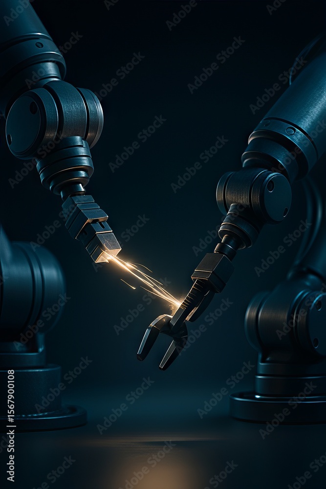 Poster AI-Powered Robot Automation Concepts. Robotic arms connecting with sparks in a dark environment.
