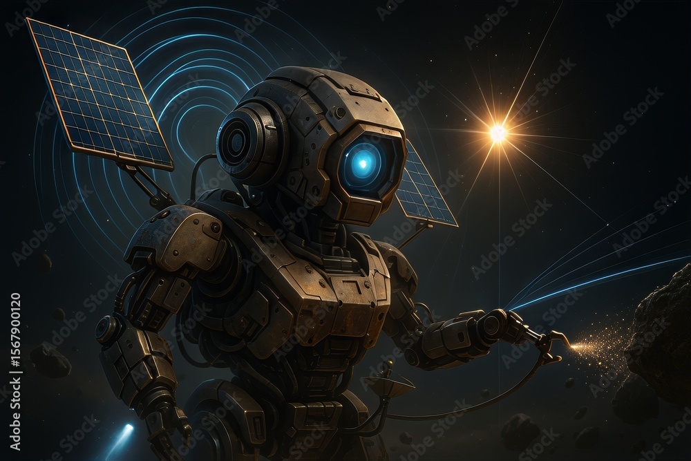 Poster AI-Powered Robot Automation Concepts. Robot exploring space with solar panels and stars in the background