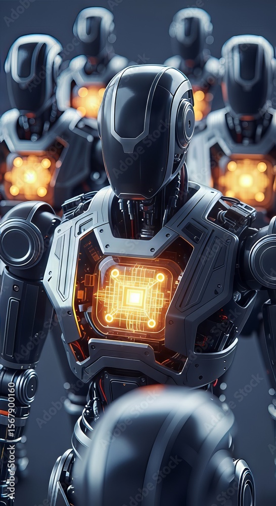 Poster AI-Powered Robot Automation Concepts. Robotic figures with glowing circuits and futuristic design.