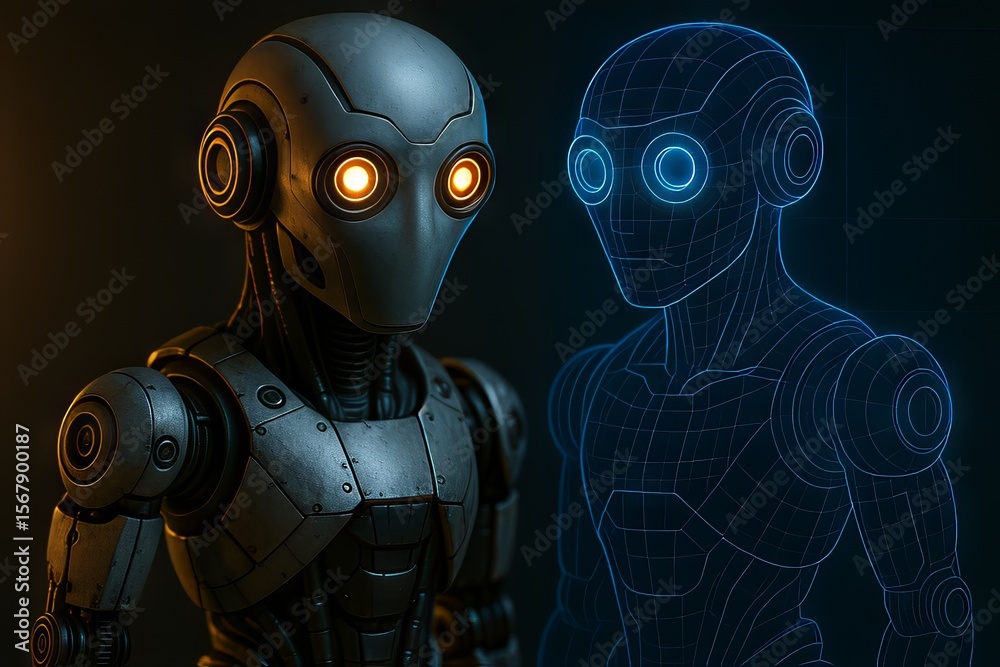 Poster AI-Powered Robot Automation Concepts. Futuristic robot with a digital blueprint on display.