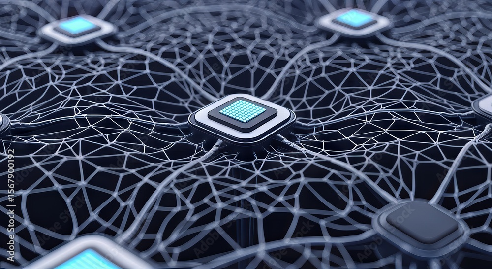 Poster AI-Powered Robot Automation Concepts. Abstract network of interconnected nodes and circuits.