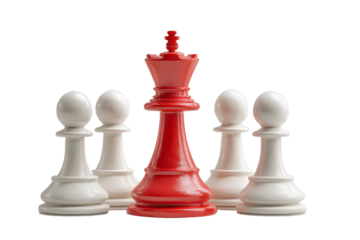A red king chess piece stands surrounded by four white pawns.