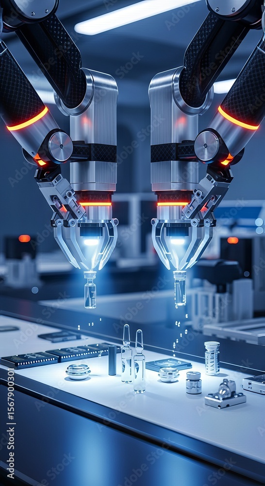 Poster AI-Powered Robot Automation Concepts. Robotic arms assembling components in a high-tech environment.